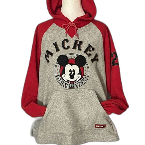 Disney Mickey Mouse Red Gray Hoodie Fleece Pullover 28 Logo Unisex L - Picture 1 of 11